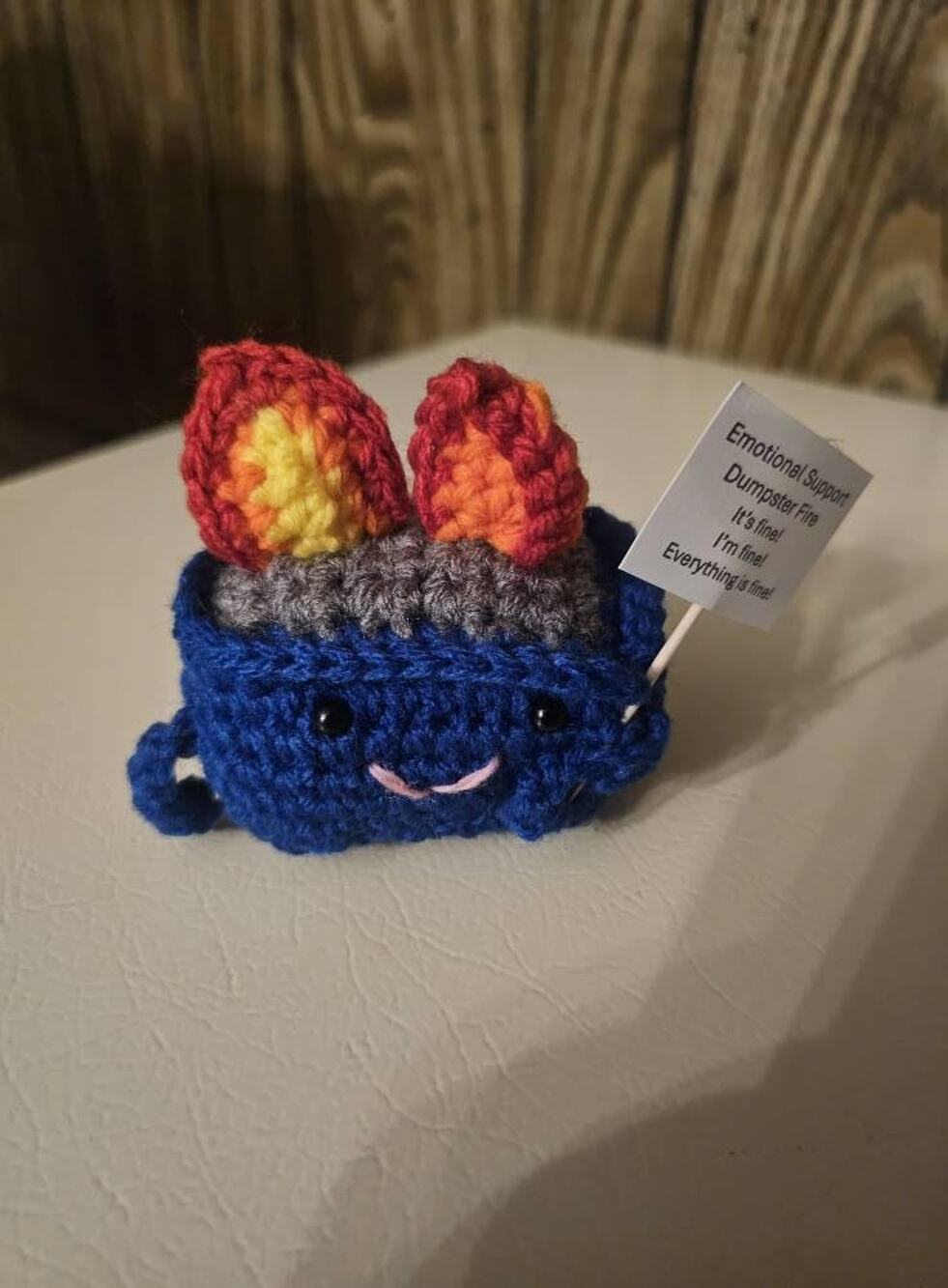 Crocheted Dumpster Fire with Saying